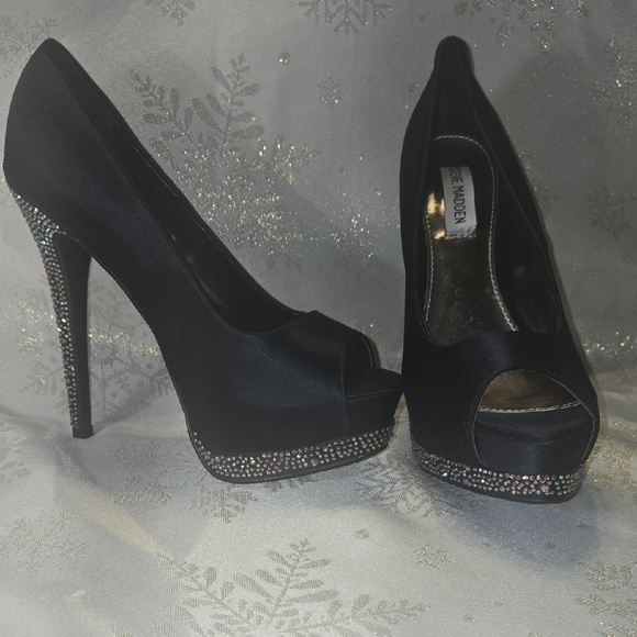 Steve Madden Black Satin Heels with Rhinestone Details - Picture 1 of 8